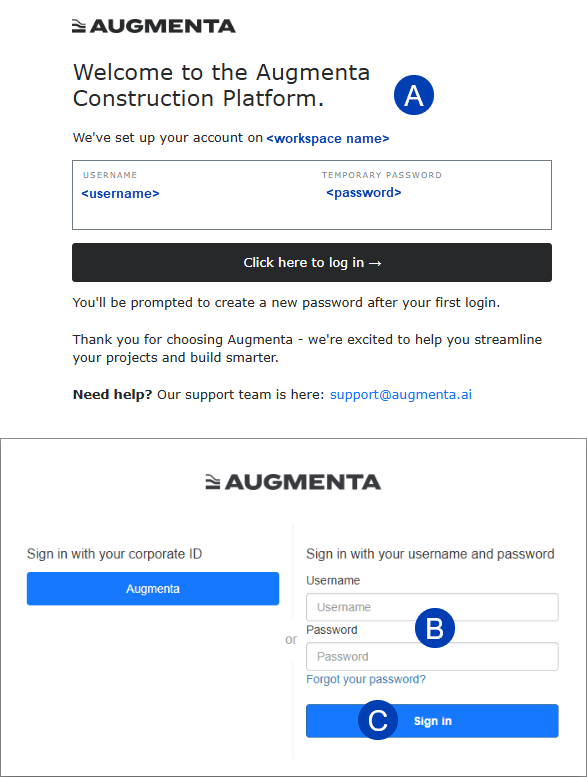 Welcome message for Augmenta Construction Platform with login instructions and support contact.